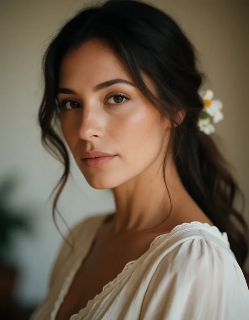 Portrait d'une femme aux cheveux bruns bouclés, vêtue d'une robe blanche en lin, éclairée par une lumière douce et