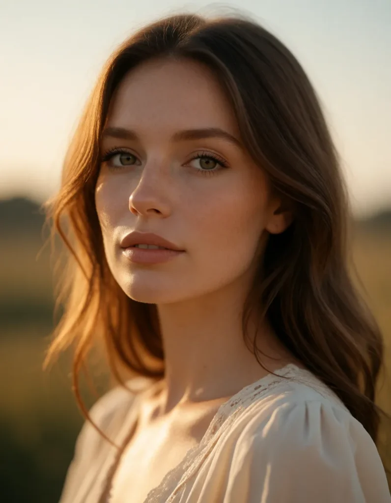 Portrait d'une femme aux cheveux blonds et bruns mi-longs, vêtue d'une robe en lin blanc à rayures bleutées, éclairée par