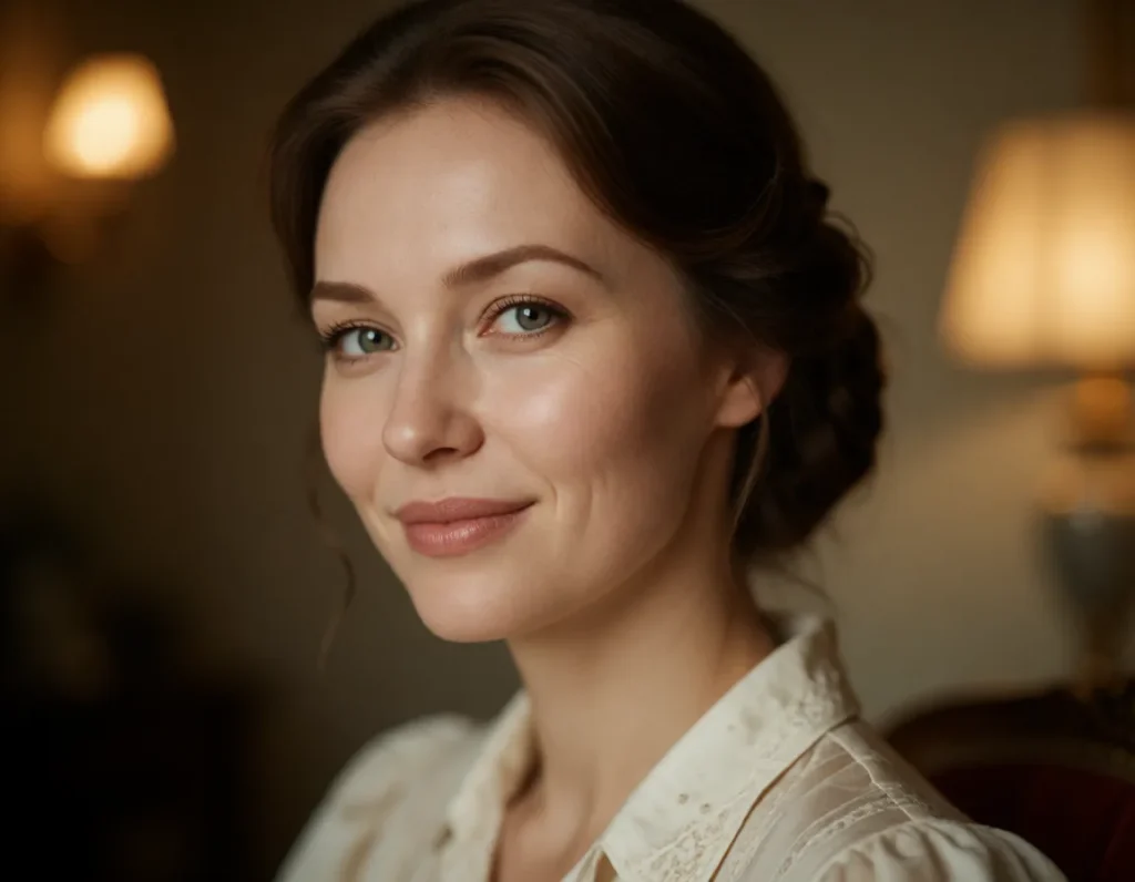 Portrait en noir et blanc d'une femme aux cheveux courts, vêtue d'une robe à motifs géométriques clairs, éclairée par une