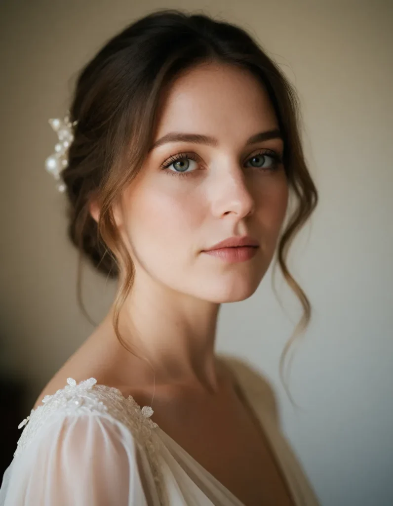 Portrait en noir et blanc d'une femme aux cheveux bruns lissés, vêtue d'une robe bustier en mousseline claire, parée de
