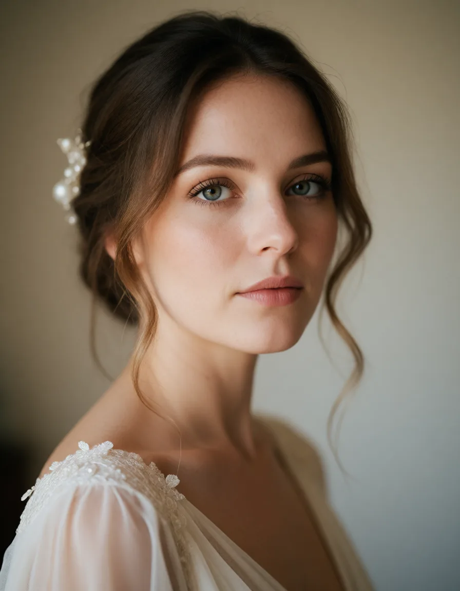 Portrait en noir et blanc d'une femme aux cheveux bruns lissés, vêtue d'une robe bustier en mousseline claire, parée de