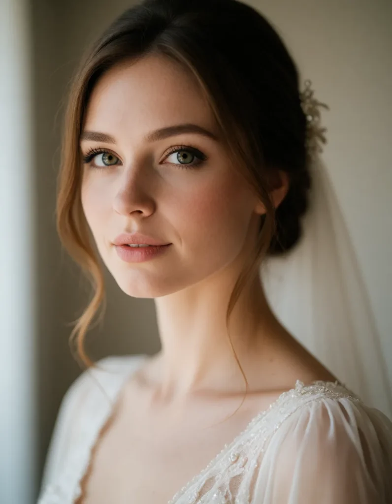 Portrait d'une jeune femme aux cheveux blonds ondulés, vêtue d'une robe en mousseline blanche à manches bouffantes, dans un