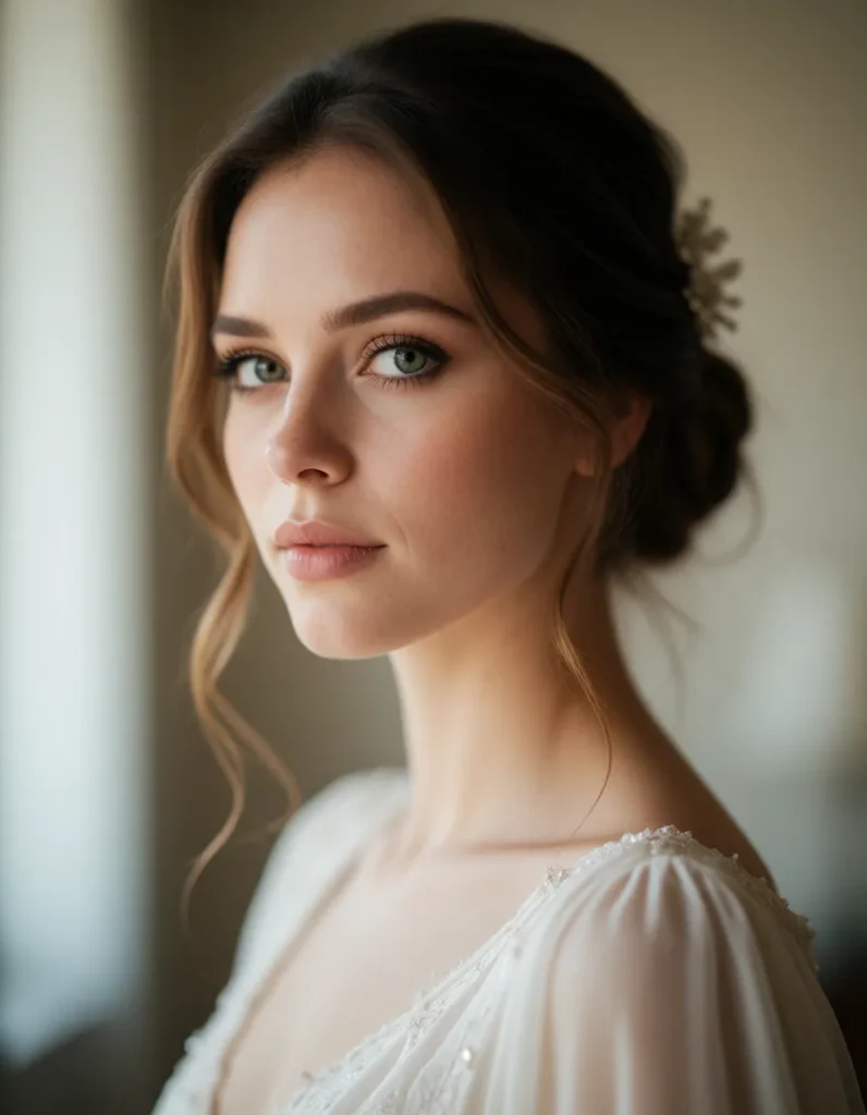Portrait en noir et blanc d'une femme aux cheveux blonds ondulés, vêtue d'une robe en mousseline claire aux épaules