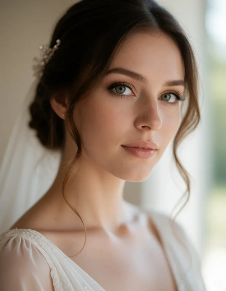 Portrait en noir et blanc d'une femme aux cheveux blonds et aux yeux clairs, vêtue d'une robe en mousseline claire, éclairée