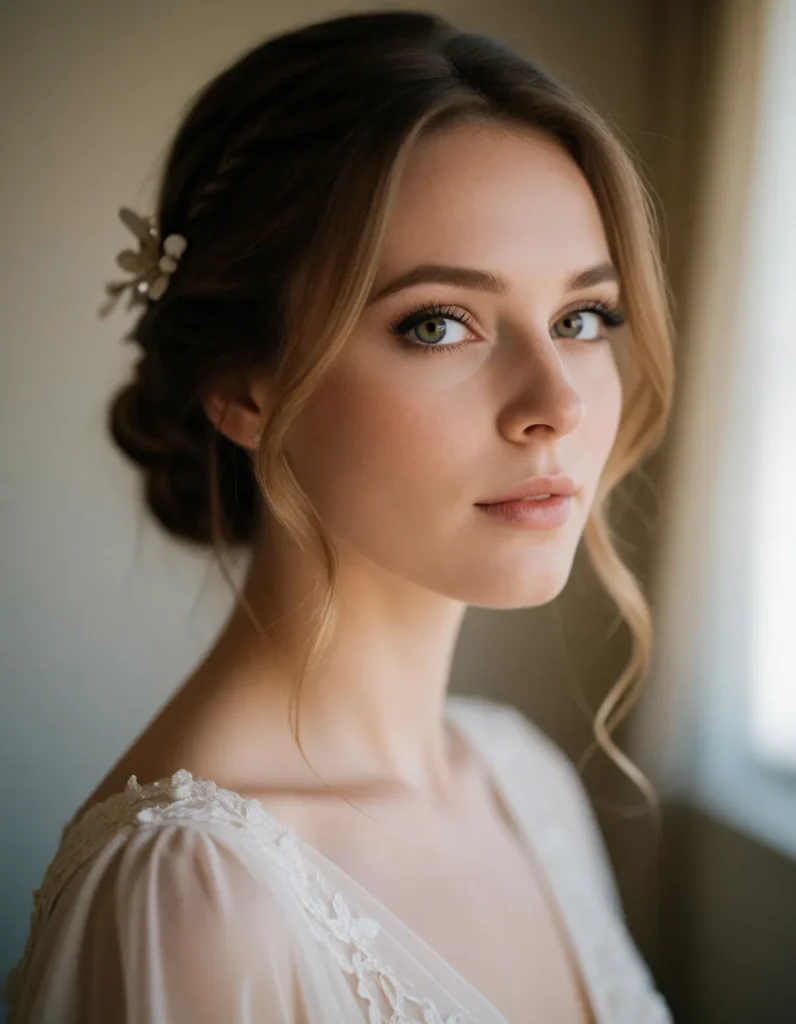 Portrait en noir et blanc d'une jeune femme aux cheveux blonds ondulés, vêtue d'une robe en mousseline blanche à manches