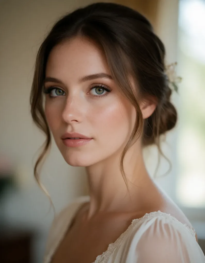 Portrait en noir et blanc d'une femme aux cheveux bruns ondulés, vêtue d'une robe en mousseline claire, visage légèrement
