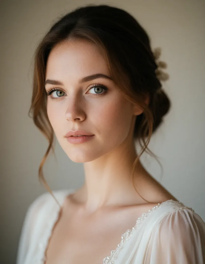 Portrait en noir et blanc d'une femme aux cheveux bruns mi-longs, vêtue d'une robe en mousseline claire, lumière douce et