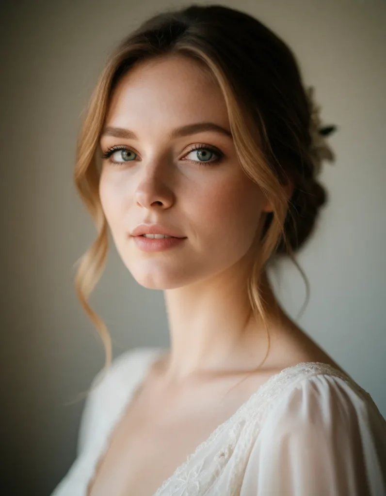 Portrait en noir et blanc d'une jeune femme aux cheveux blonds ondulés, vêtue d'une robe en mousseline claire à manches