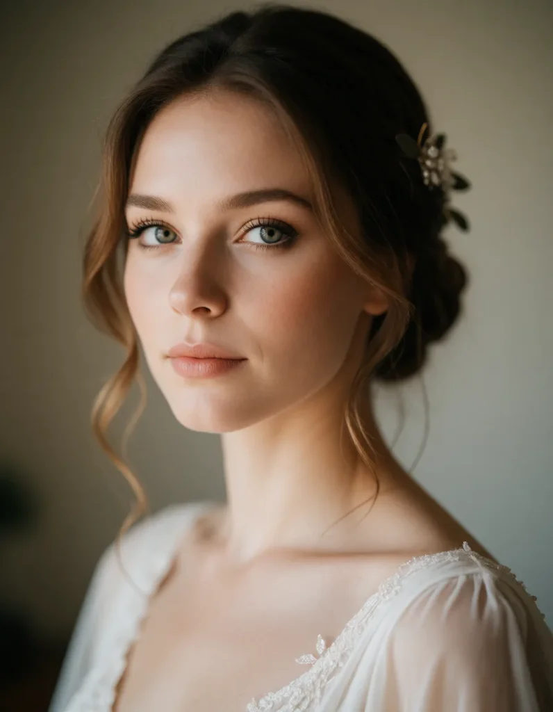 Portrait en noir et blanc d'une jeune femme aux cheveux bruns ondulés, vêtue d'une robe en mousseline claire à détails