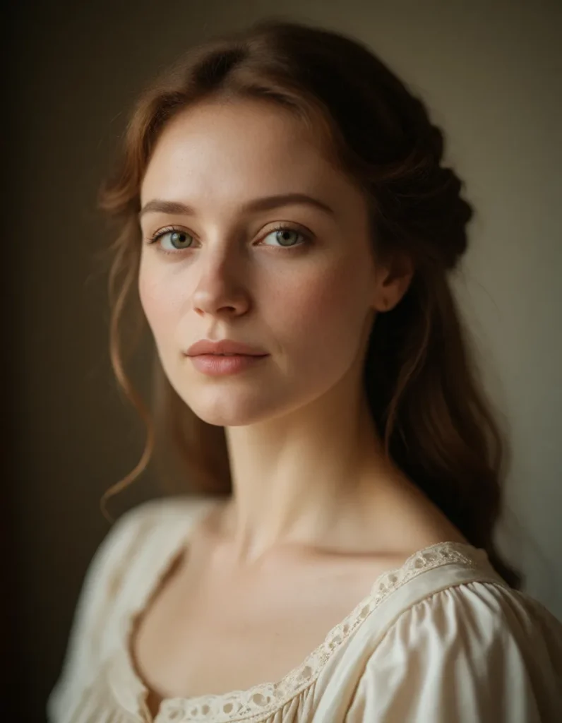 Portrait en noir et blanc d'une femme aux cheveux bruns ondulés, vêtue d'une robe à manches bouffantes en mousseline claire
