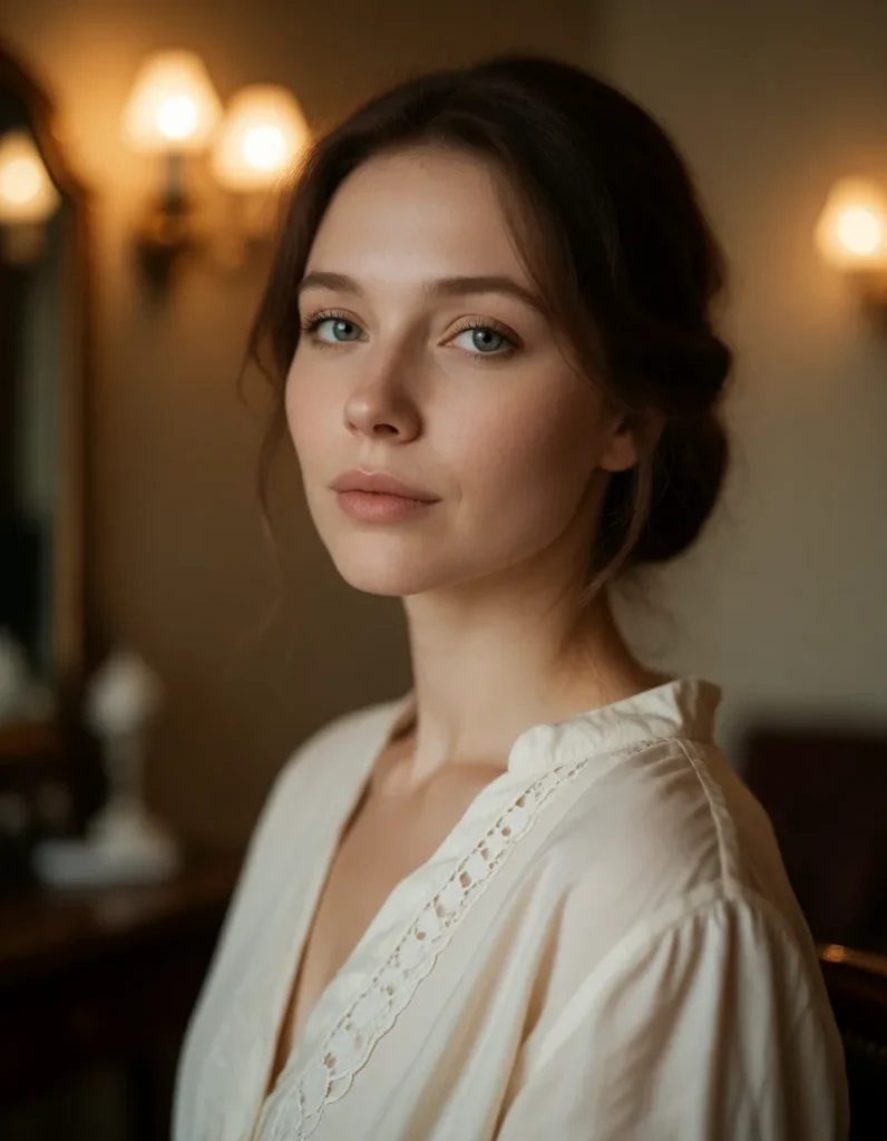 Portrait en gros plan d'une femme aux cheveux noirs lissés, vêtue d'une robe en mousseline blanche à motifs ajourés