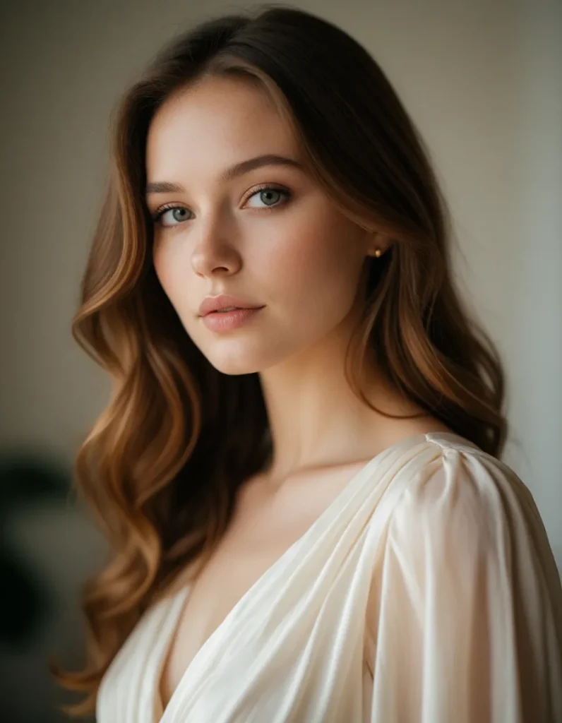 Portrait en lumière douce d'une femme aux cheveux bruns ondulés, vêtue d'une robe en soie blanche aux plis fluides, dans un