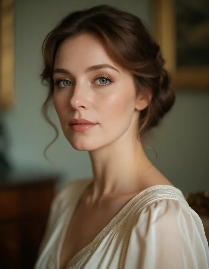 Portrait en gros plan d'une jeune femme aux cheveux bruns ondulés, vêtue d'une robe blanche en soie, éclairée par une