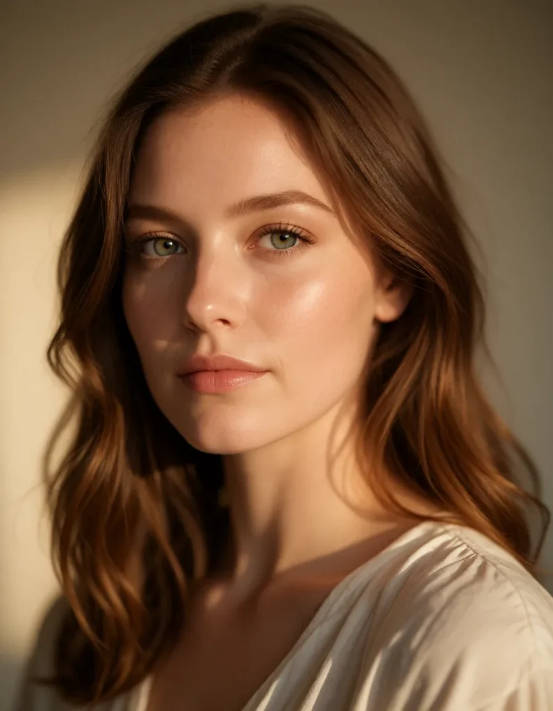 Portrait d'une femme aux cheveux bruns ondulés, vêtue d'une robe en soie blanche, éclairée par une lumière dorée et douce.