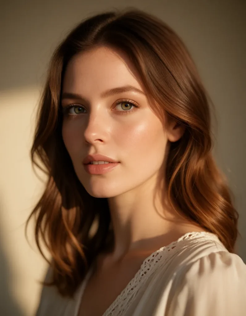 Portrait d'une jeune femme aux cheveux bruns ondulés, vêtue d'une robe en soie blanche à motifs géométriques, éclairée par