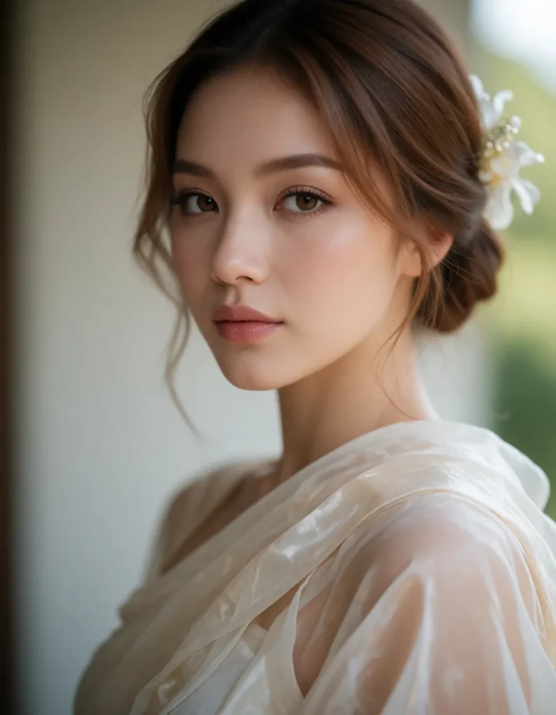 Portrait d'une femme aux cheveux bruns mi-longs vêtue d'une robe en soie blanche aux reflets nacrés, lumière douce et fond