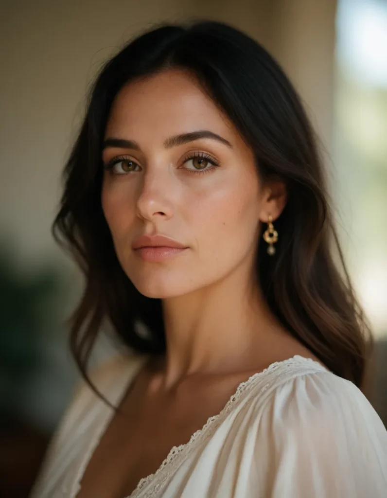 Portrait en gros plan d'une femme aux cheveux bruns lissés, vêtue d'une robe en soie blanche à manches longues, dans une