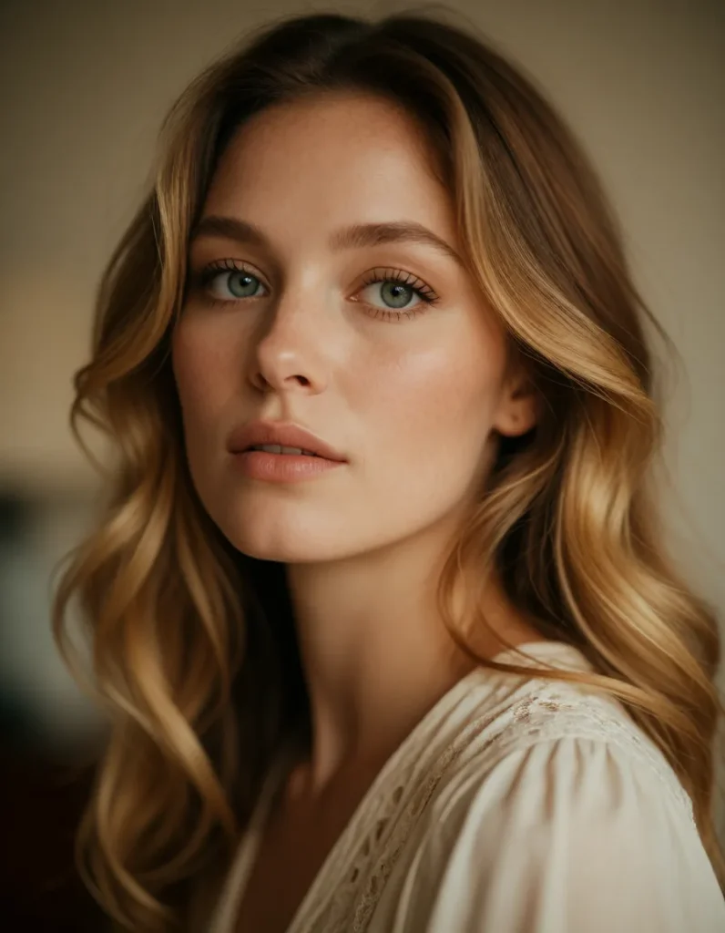 Portrait en gros plan d'une femme aux cheveux blonds ondulés, vêtue d'une robe en soie blanche, éclairée par une lumière