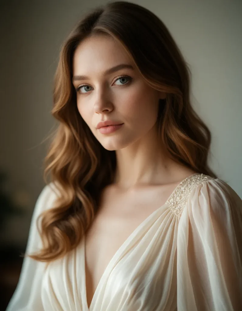 Portrait en gros plan d'une femme aux cheveux blonds ondulés, vêtue d'une robe en soie blanche aux reflets nacrés, sous une