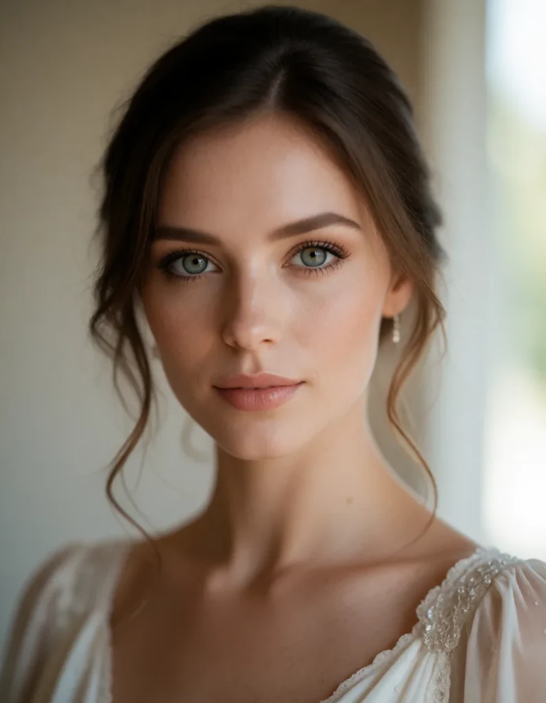 Portrait d'une femme aux cheveux blonds ondulés, vêtue d'une robe en soie blanche à manches longues, dans une lumière douce