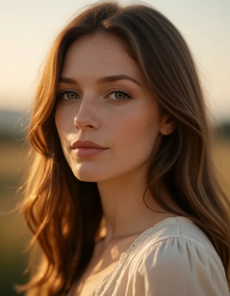 Portrait d'une femme aux longs cheveux blonds ondulés, vêtue d'une robe en soie blanche, éclairée par une lumière dorée et