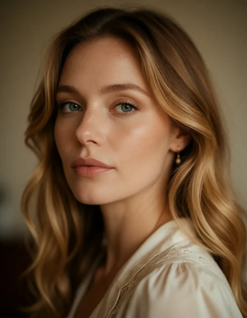 Portrait d'une jeune femme aux cheveux blonds ondulés, vêtue d'une robe en soie blanche, éclairée par une lumière douce et