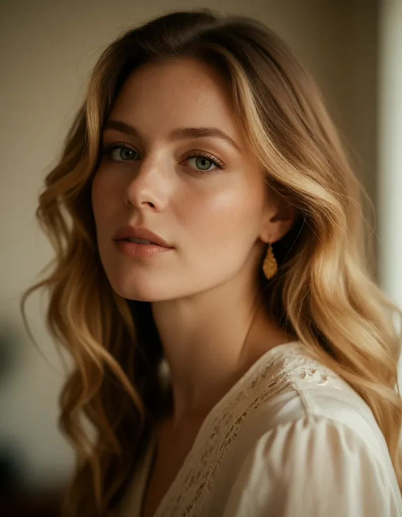 Portrait en gros plan d'une femme aux cheveux blonds ondulés, vêtue d'une robe en soie crème, lumière douce et fond flou