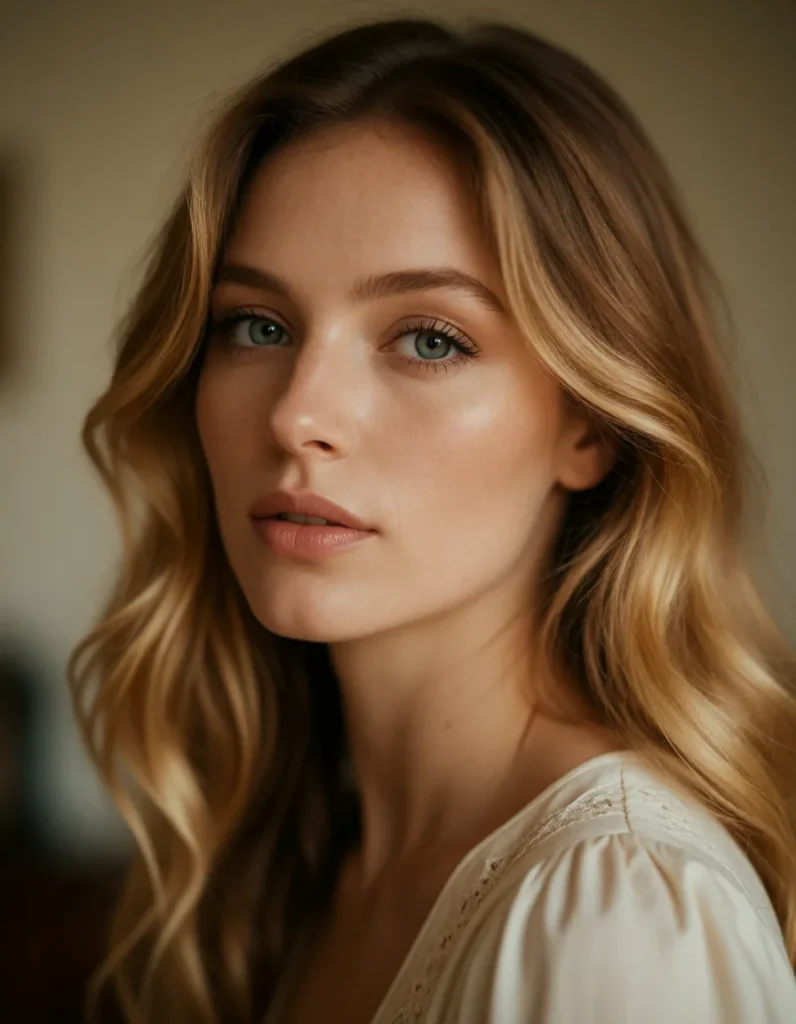 Portrait en gros plan d'une femme aux cheveux blonds ondulés, vêtue d'une robe en soie crème, éclairée par une lumière douce