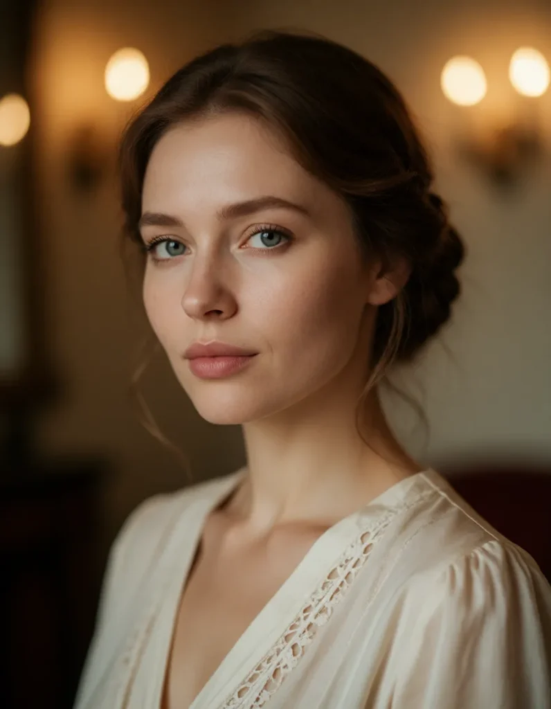 Portrait en gros plan d'une femme aux cheveux noirs lissés, vêtue d'une robe en soie blanche à motifs brodés, dans un salon