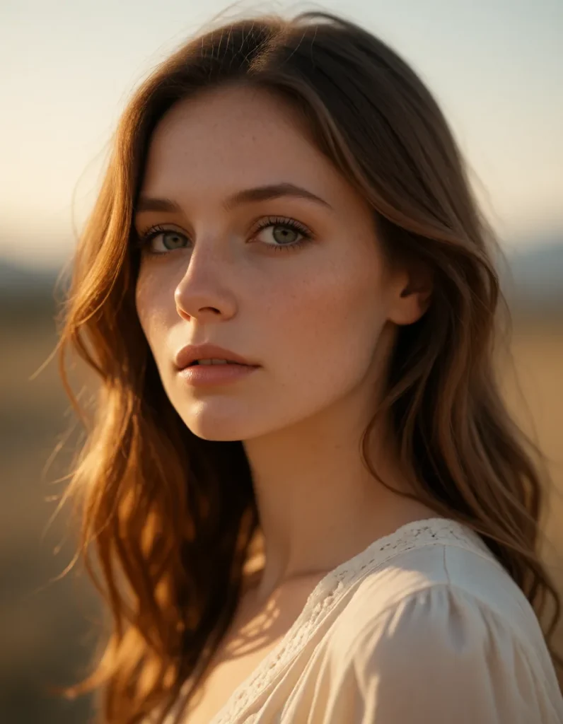 Portrait d'une femme aux cheveux blonds ondulés, vêtue d'une robe en soie bleu pâle, éclairée par une lumière dorée et douce