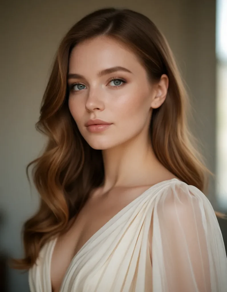 Portrait d'une femme aux cheveux blonds ondulés vêtue d'une robe en soie ivoire, lumière douce et fond flou aux tons pastel.