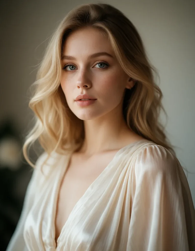 Portrait d'une femme aux cheveux blonds ondulés, vêtue d'une robe en soie ivoire, dans une lumière douce et naturelle.