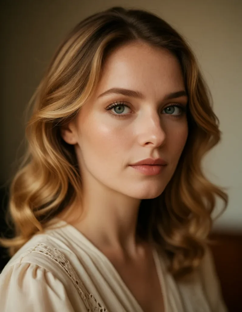 Portrait en lumière douce d'une femme aux cheveux blonds ondulés, vêtue d'une robe en soie ivoire, fond neutre et tons