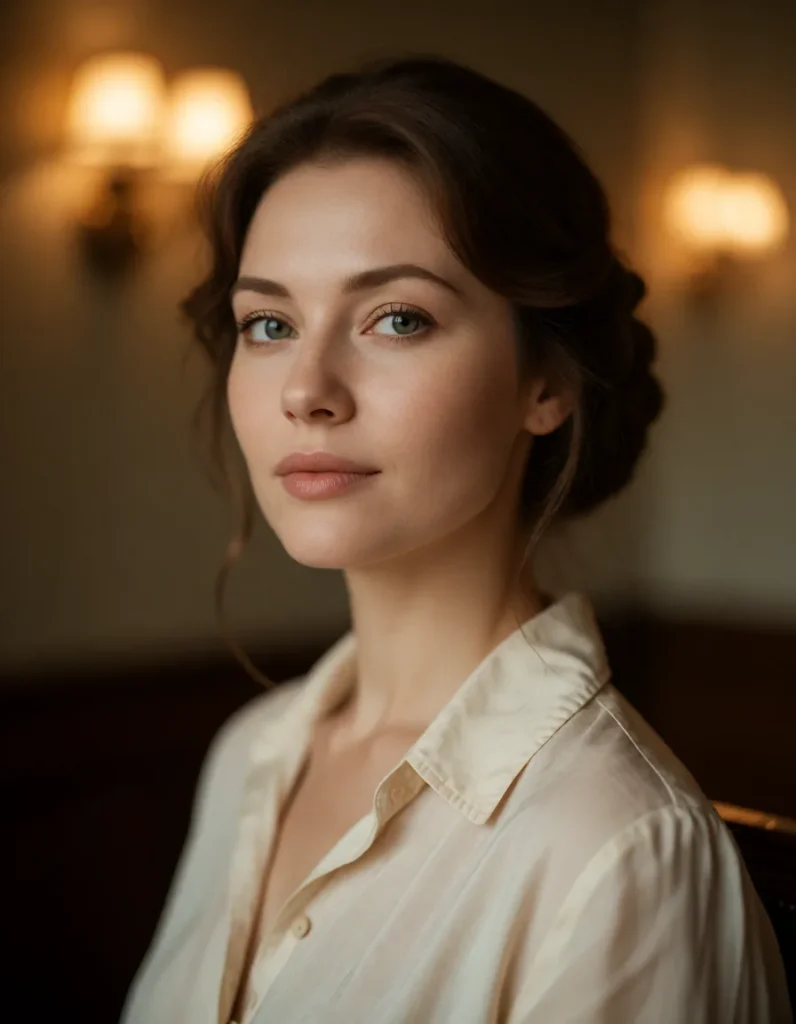 Portrait en gros plan d'une femme aux cheveux bruns lissés, vêtue d'une robe en soie ivoire à manches longues, dans un salon