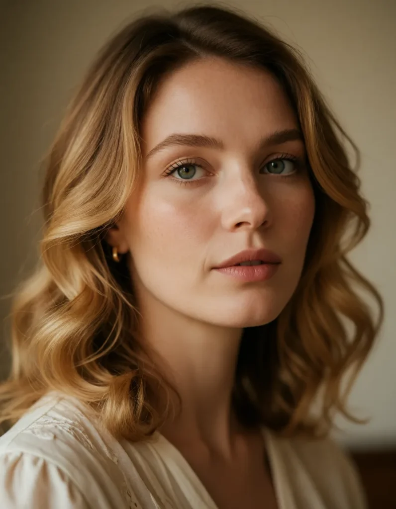 Portrait d'une femme aux cheveux blonds ondulés, vêtue d'une robe en soie ivoire, éclairée par une lumière dorée et tamisée