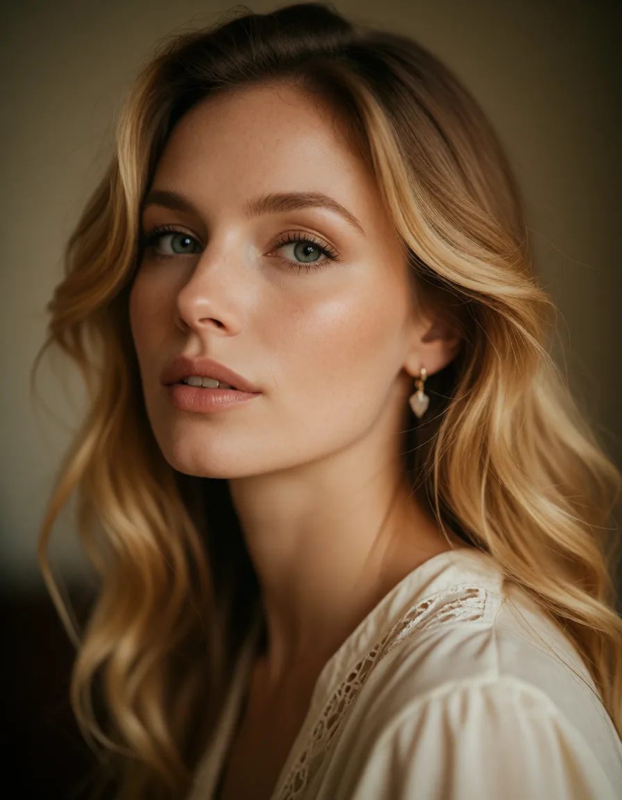 Portrait d'une femme aux cheveux blonds ondulés, vêtue d'une robe en soie ivoire, éclairée par une lumière douce et chaude.