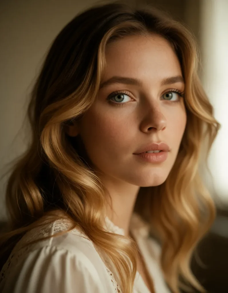 Portrait d'une femme aux cheveux blonds ondulés, vêtue d'une robe en soie ivoire, éclairée par une lumière douce et chaude