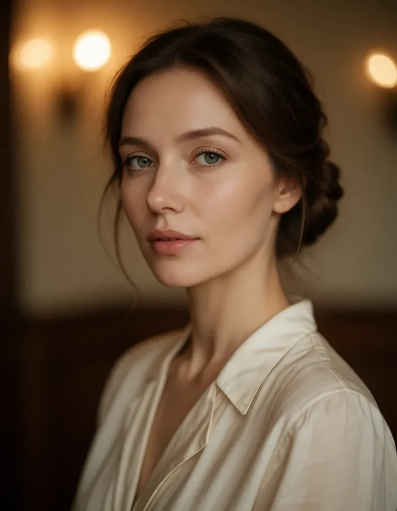 Portrait en gros plan d'une femme aux cheveux bruns lissés, vêtue d'une robe en soie crème à col rond, éclairée par une