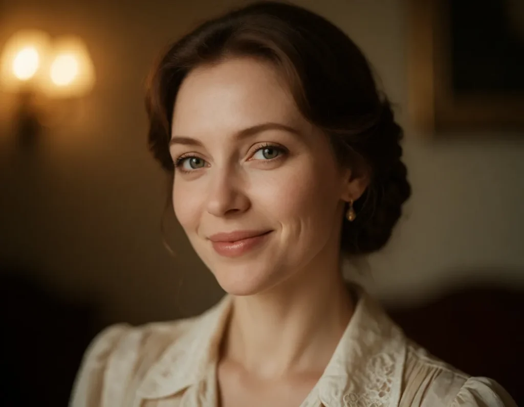 Portrait en lumière dorée d'une femme aux cheveux bruns ondulés, vêtue d'une robe en soie crème à motifs floraux, dans un