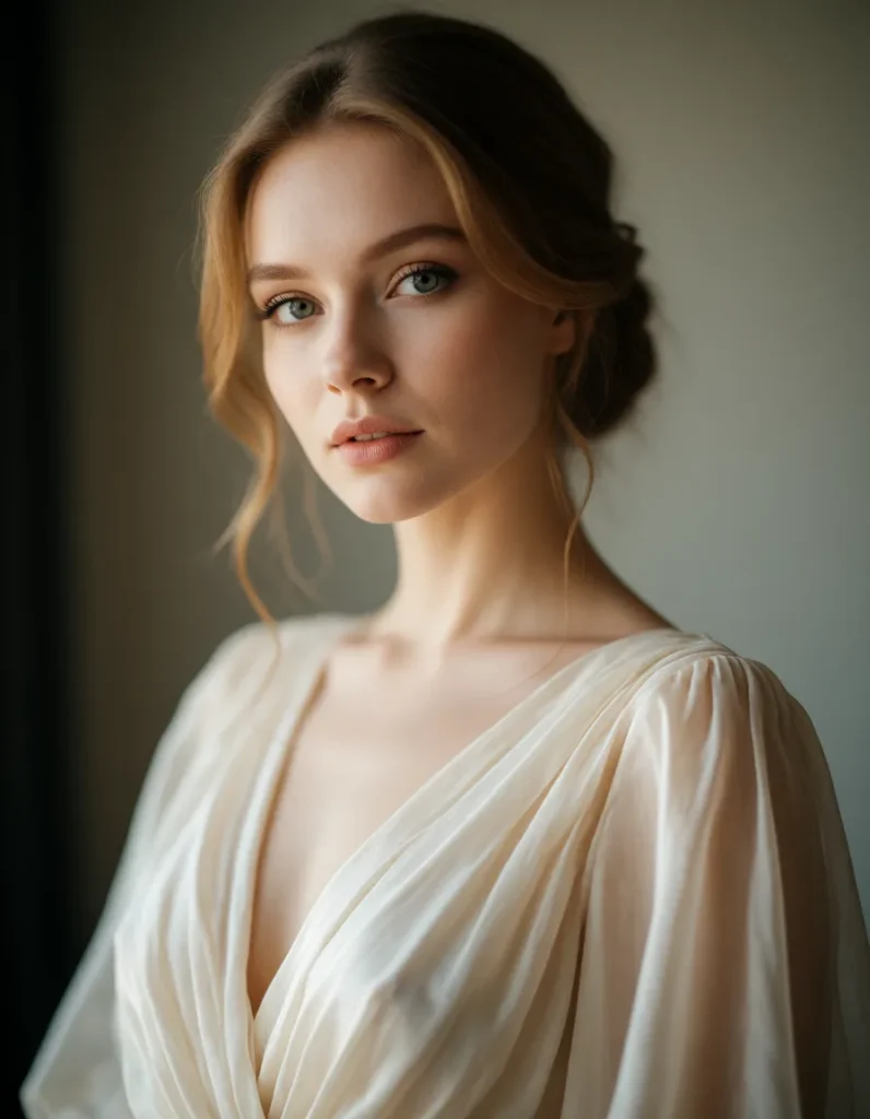 Portrait en noir et blanc d'une femme aux cheveux blonds ondulés vêtue d'une robe en soie blanche à manches longues, lumière