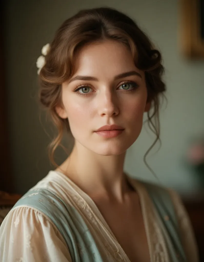 Portrait en noir et blanc d'une femme aux cheveux courts et bouclés, vêtue d'une robe à manches longues en soie ou satin