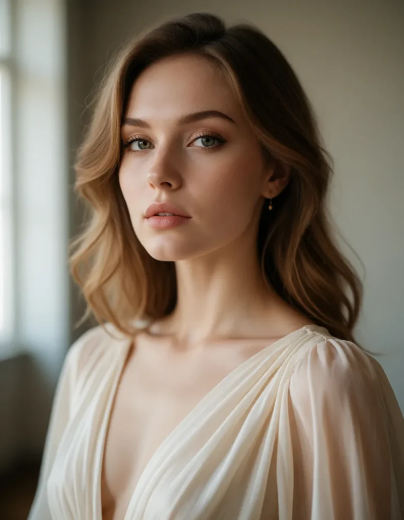 Portrait en gros plan d'une femme aux cheveux blonds ondulés, vêtue d'une robe en soie blanche à fines rayures, dans un
