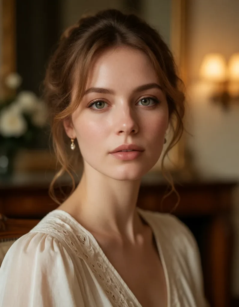 Portrait en noir et blanc d'une femme aux cheveux blonds ondulés, vêtue d'une robe en soie crème à manches longues, dans un