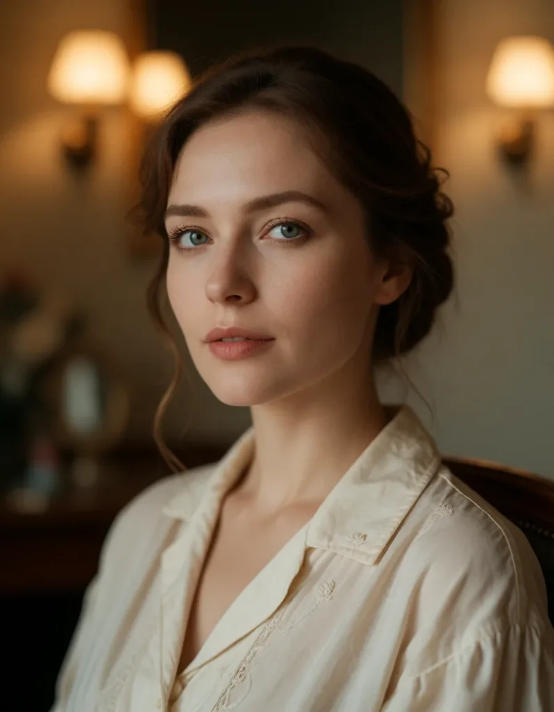 Portrait en gros plan d'une femme aux cheveux bruns lissés, vêtue d'une robe en soie crème à motifs brodés, dans un salon