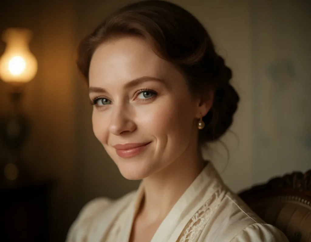 Portrait en noir et blanc d'une femme élégante aux cheveux courts, vêtue d'une veste en tweed et d'un chemisier à rayures