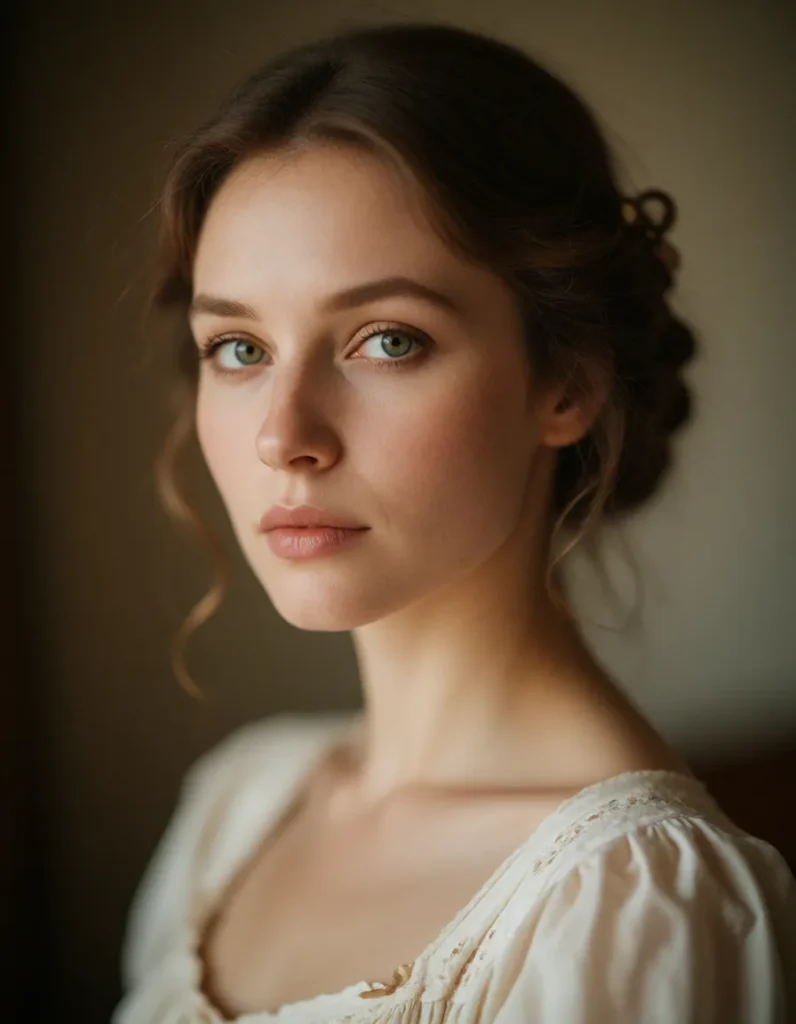 Portrait en noir et blanc d'une femme aux cheveux bruns ondulés, vêtue d'une robe en mousseline claire, visage légèrement