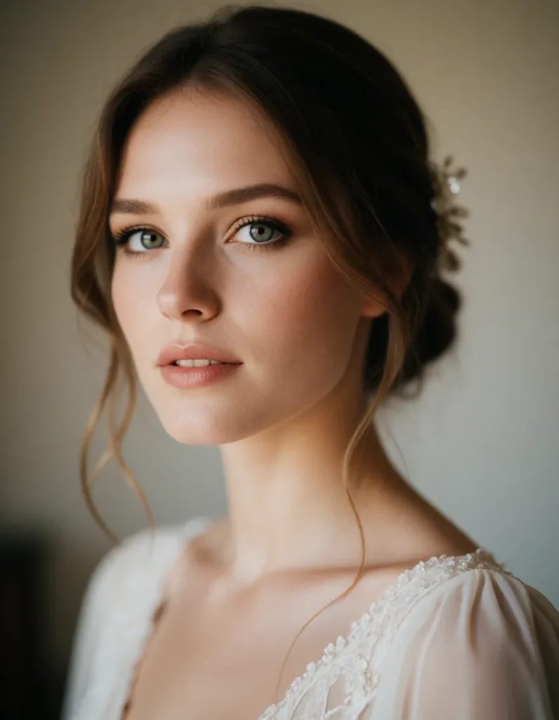 Portrait en noir et blanc d'une jeune femme aux cheveux bruns ondulés, vêtue d'une robe en dentelle claire, lumière douce et