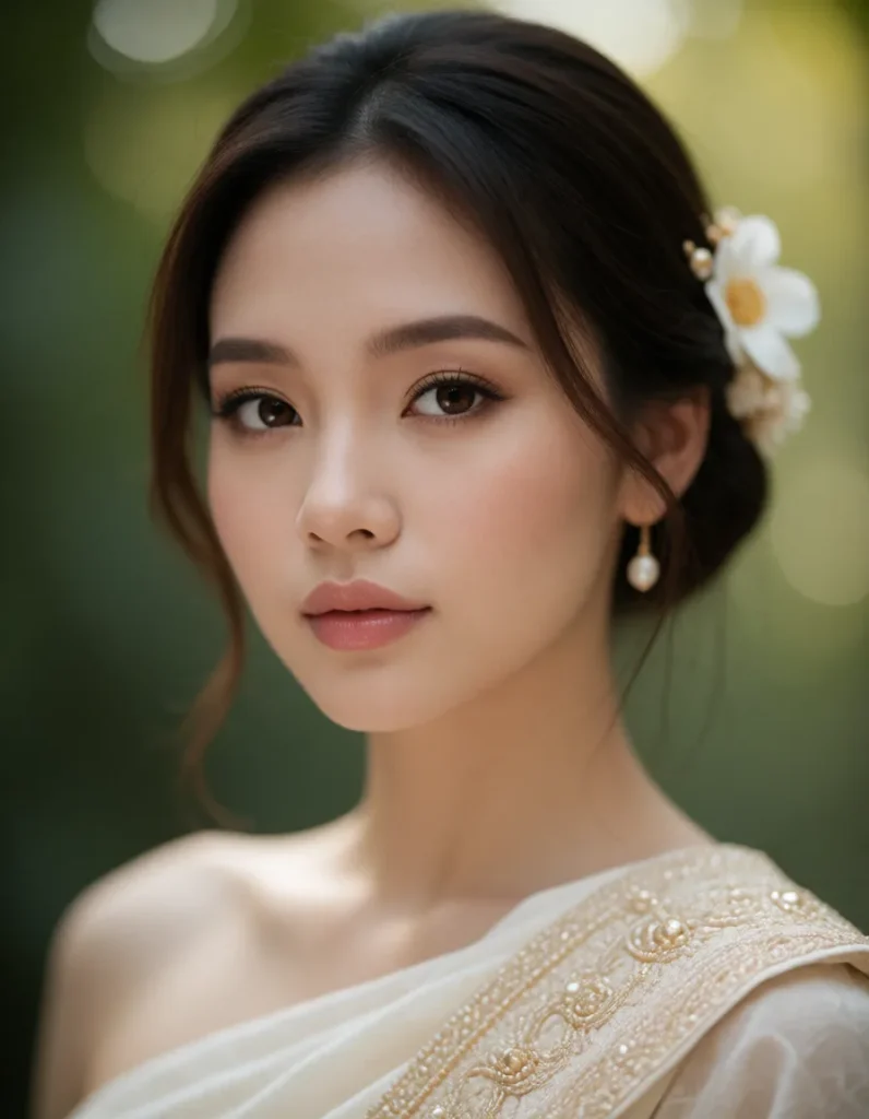 Portrait d'une jeune femme aux traits asiatiques, cheveux noirs lissés, portant une robe blanche à motifs dorés et un