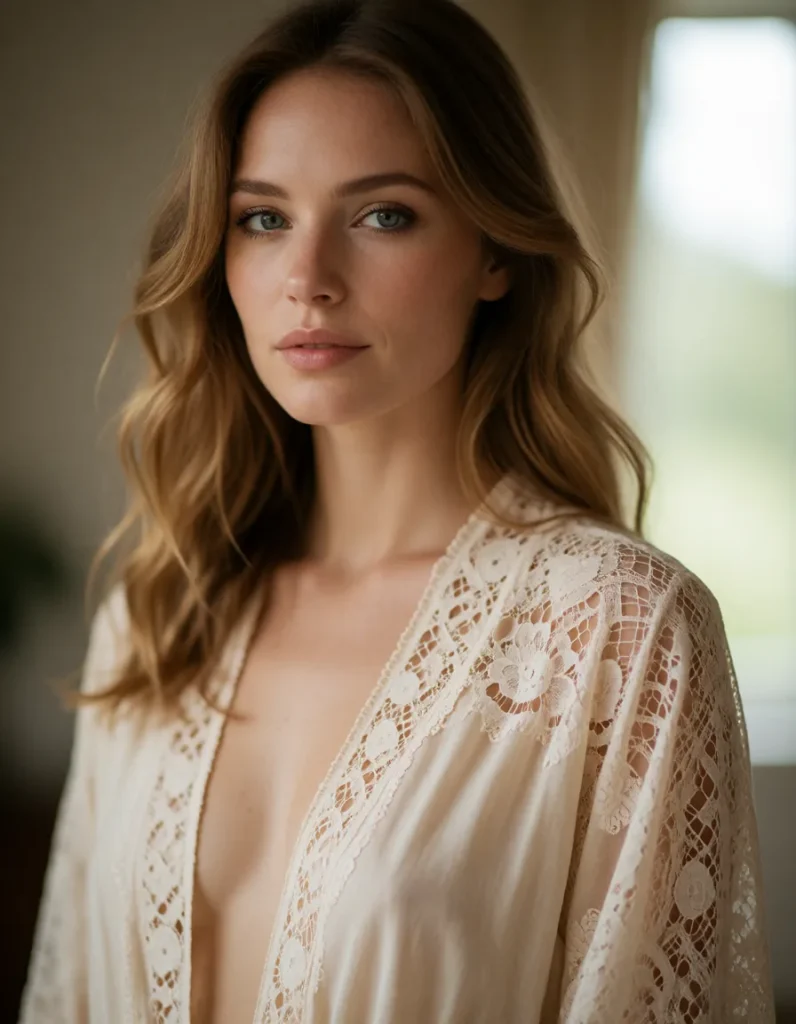 Portrait en gros plan d'une personne aux cheveux blonds ondulés, vêtue d'un kimono en dentelle ivoire à motifs floraux