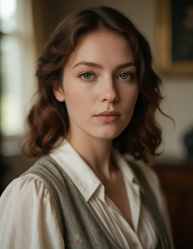Portrait en noir et blanc d'une personne aux cheveux bruns bouclés, vêtue d'une chemise à rayures blanches et marron, dans